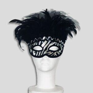 Feathered Masquerade Mask Zebra Stripe Pattern Silver Sequin Beading Black/White